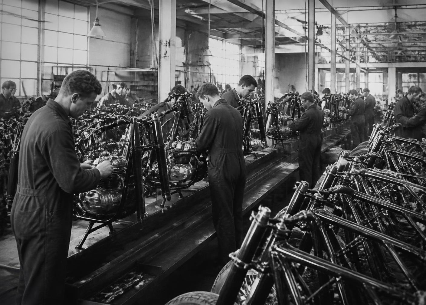 Archival photograph of the BSA factory assembly hall in Birmingham